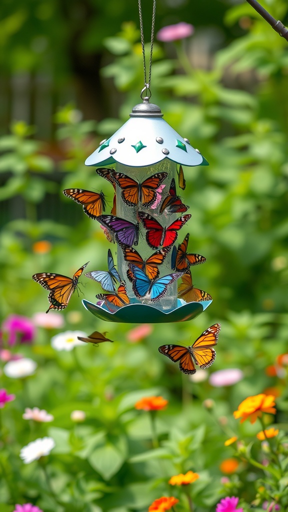 A butterfly feeder surrounded by colorful flowers, attracting butterflies.