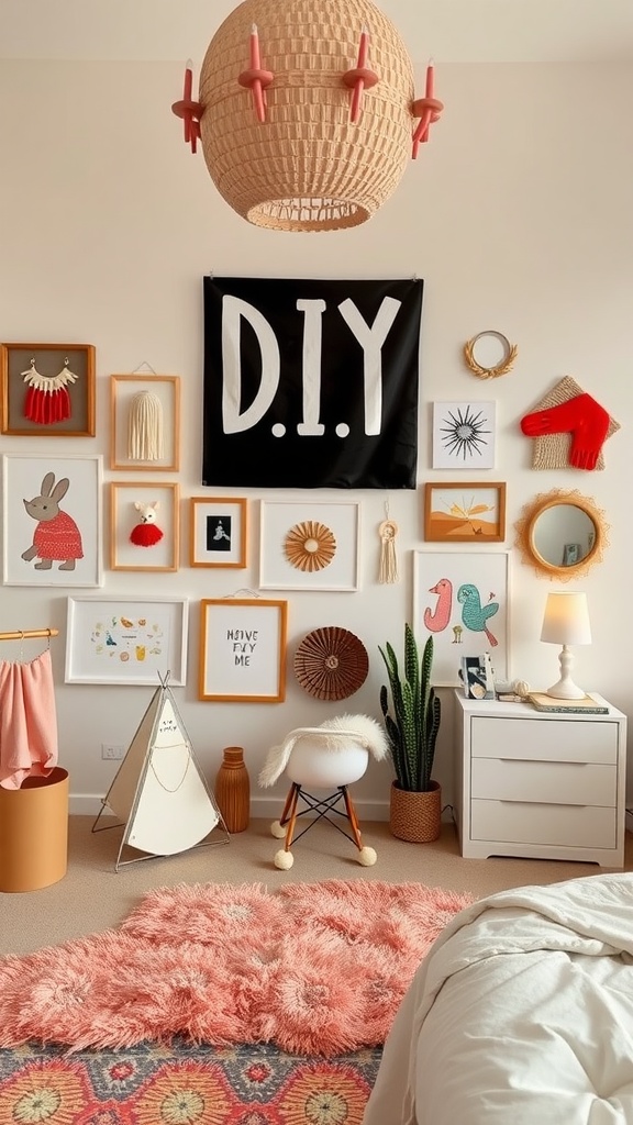 A colorful DIY-themed bedroom with a wall of art, a cute teepee, and vibrant decor.