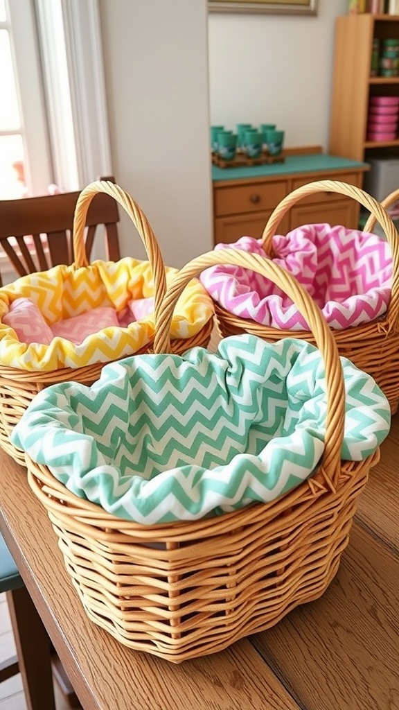 Three Easter baskets lined with colorful chevron fabric on a table.