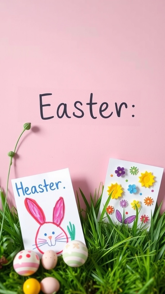 Colorful DIY Easter cards with a bunny and flowers, surrounded by decorative eggs on a grass background.