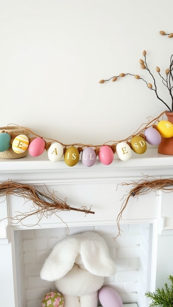 Colorful DIY Easter Egg Garland hanging on a white mantel