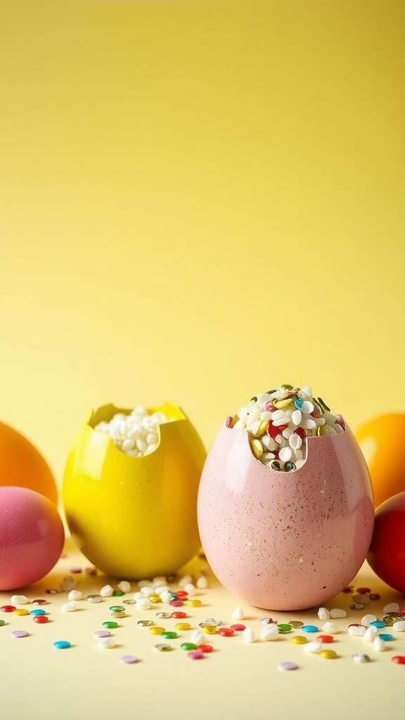 Colorful DIY Easter Egg Shakers with sprinkles and small candies, set against a yellow background.