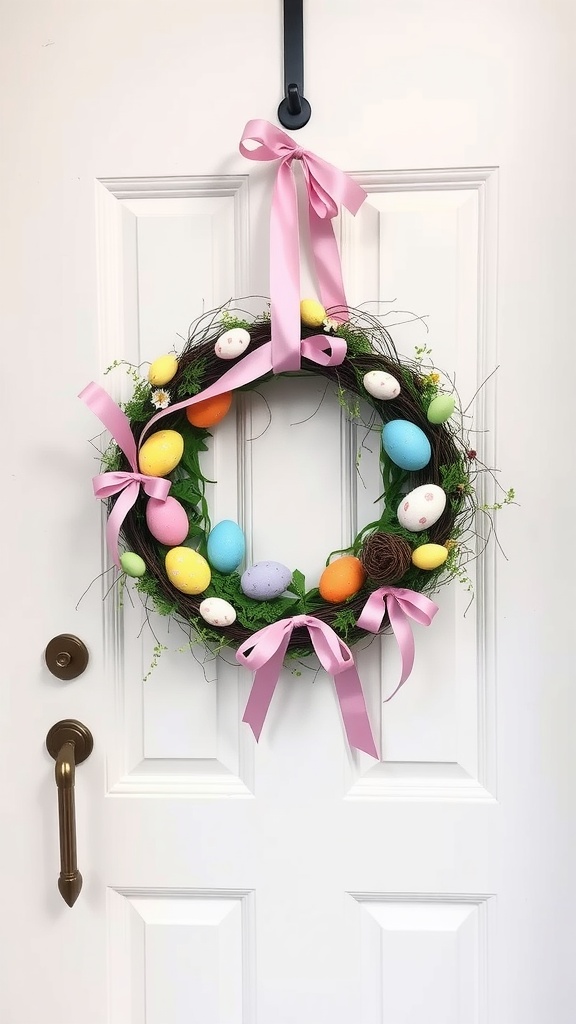 A DIY Easter wreath made with colorful plastic eggs, greenery, and a pink bow, hanging on a white door.