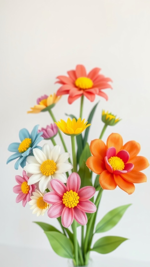 A vibrant arrangement of colorful felt flowers in a vase