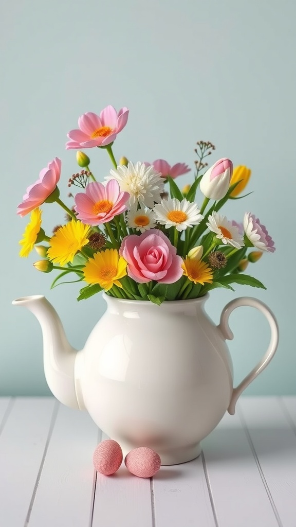 A white teapot filled with colorful artificial flowers, accompanied by two pink decorative eggs on a wooden table.