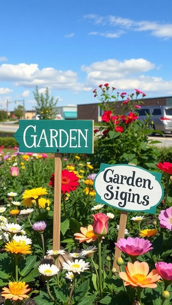 Colorful garden signs in a flower garden, one saying 'Garden' and the other 'Garden Signs'.