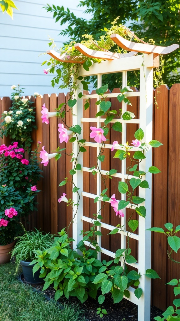 A white garden trellis adorned with pink flowers and greenery, set against a wooden fence.