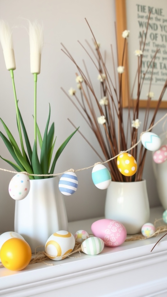 A colorful hand-painted egg garland displayed on a mantel, with decorative plants and branches in the background.