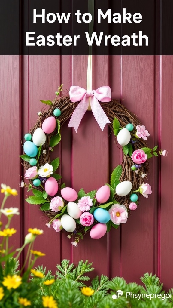 A beautifully arranged Easter wreath made with pastel eggs and flowers.