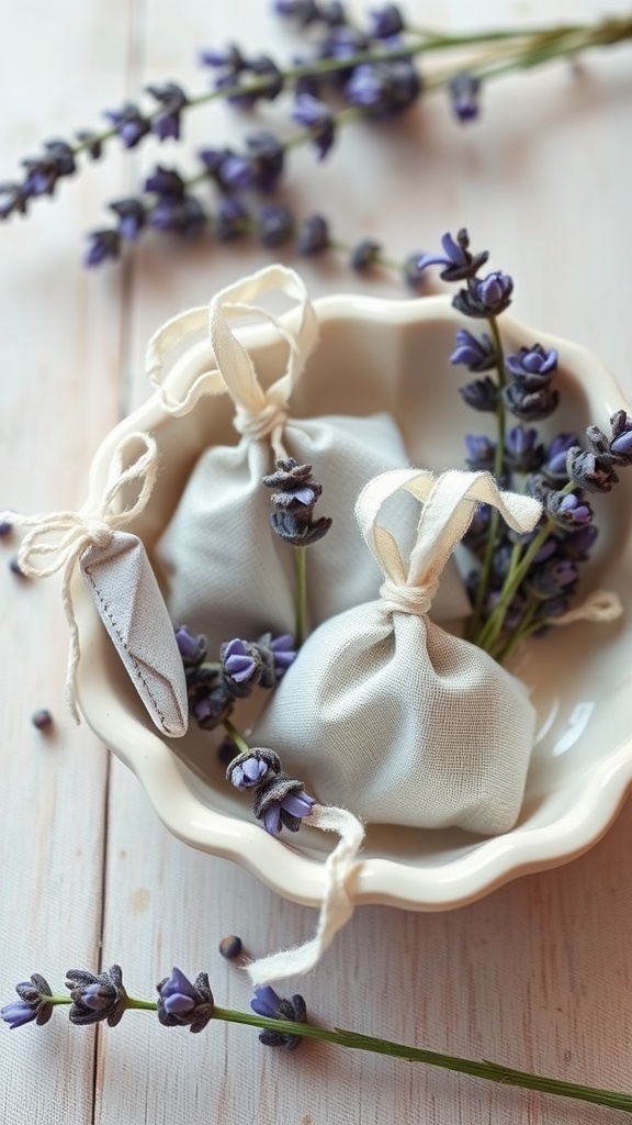 Three lavender sachets in a bowl with fresh lavender sprigs around them