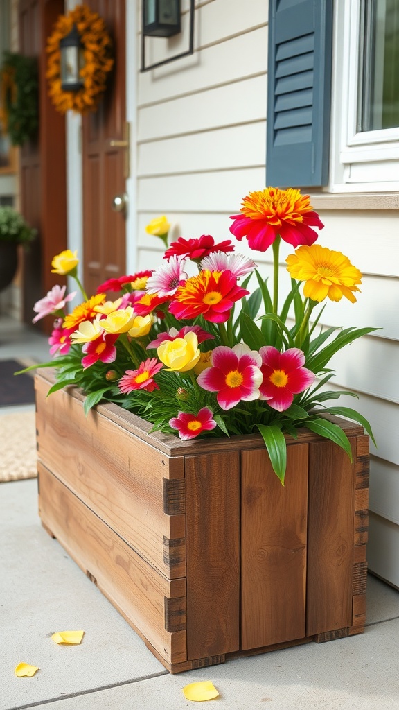 A wooden planter box filled with colorful flowers on a porch