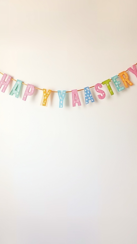 Colorful DIY ribbon garland spelling 'HAPPY EASTER' against a light background