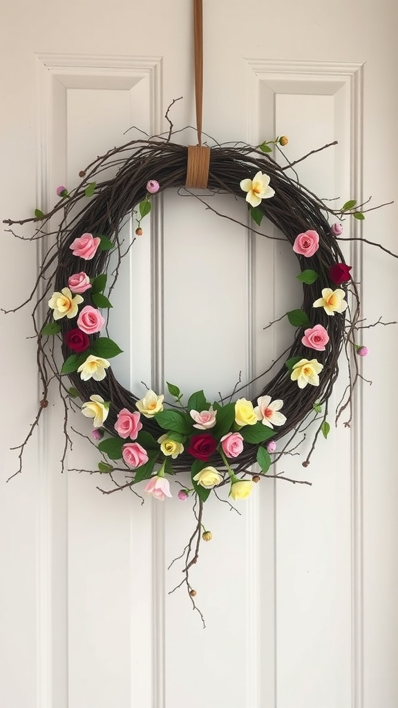 A spring wreath with pink and yellow roses, green leaves, and twigs hanging on a door.