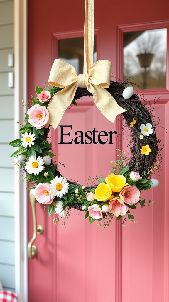 A double-sided Easter wreath with flowers and a bow hanging on a door.