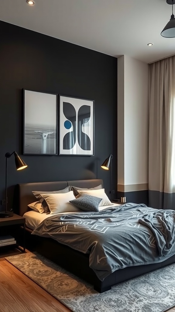 A bedroom featuring a dramatic black accent wall with modern decor and warm lighting.