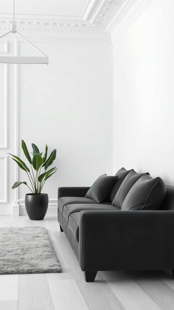 A dark gray couch in a room with light walls and a potted plant