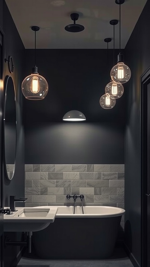 A dark bathroom featuring stylish hanging light fixtures and a freestanding bathtub.