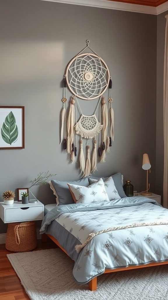 A cozy bedroom featuring a large dreamcatcher on the accent wall above a neatly arranged bed, plants on a nightstand, and soft blue bedding.