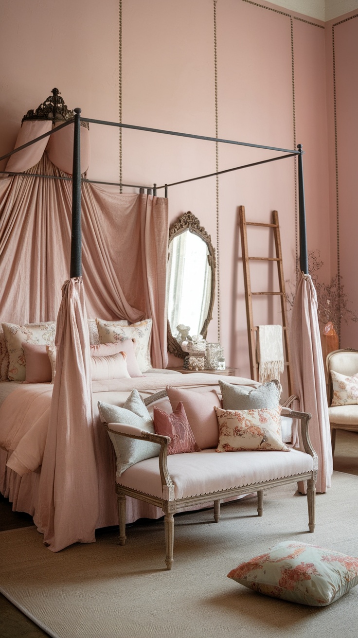 A shabby chic bedroom featuring a dreamy canopy bed with pink drapes, a collection of decorative pillows, and a vintage mirror.