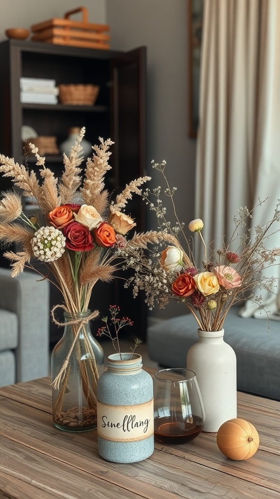 A cozy living room featuring dried flower arrangements in various vases on a wooden table