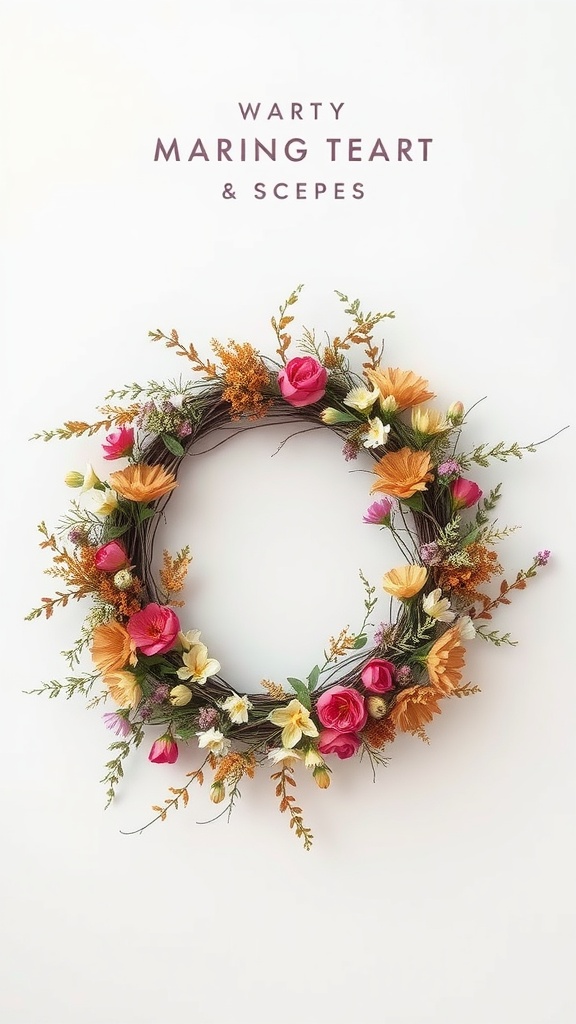 A dried flower wreath featuring pink roses, yellow blooms, and earthy tones on a rustic base.