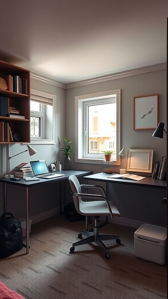 A cozy study area featuring two desks in a small shared bedroom, equipped with laptops, books, and plants.