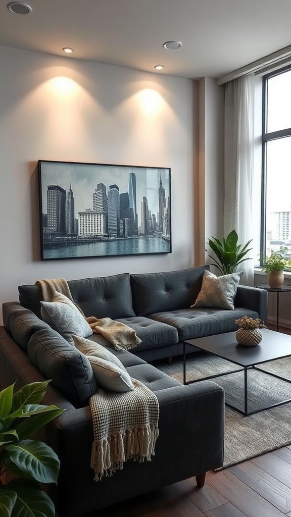 A modern living room with a dark gray couch, city skyline art, and plants.