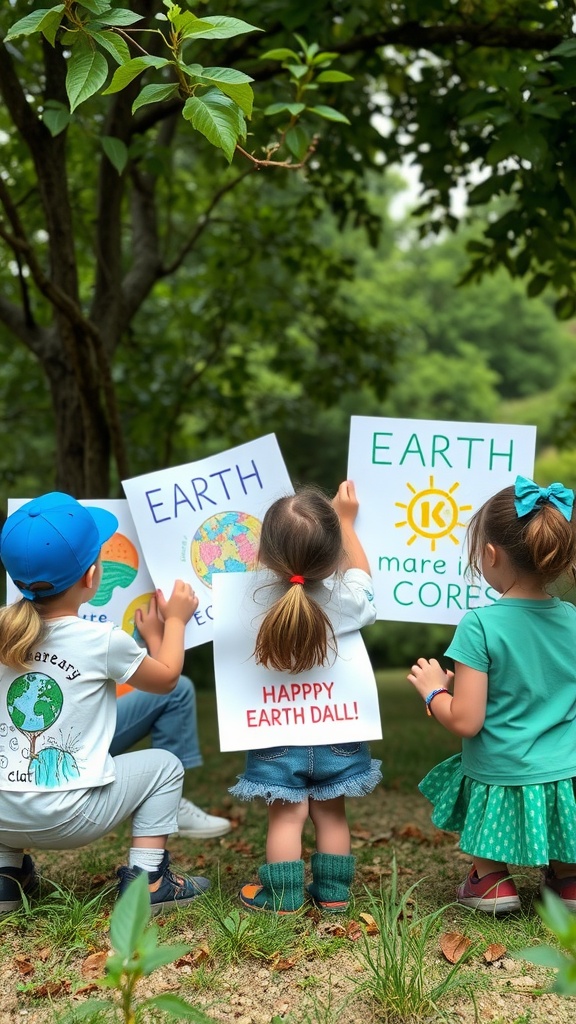 Children holding Earth Day posters in a natural setting