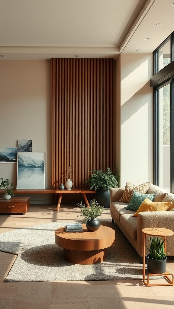 A cozy living room with an earthy color palette, featuring wooden furniture and soft green accents.