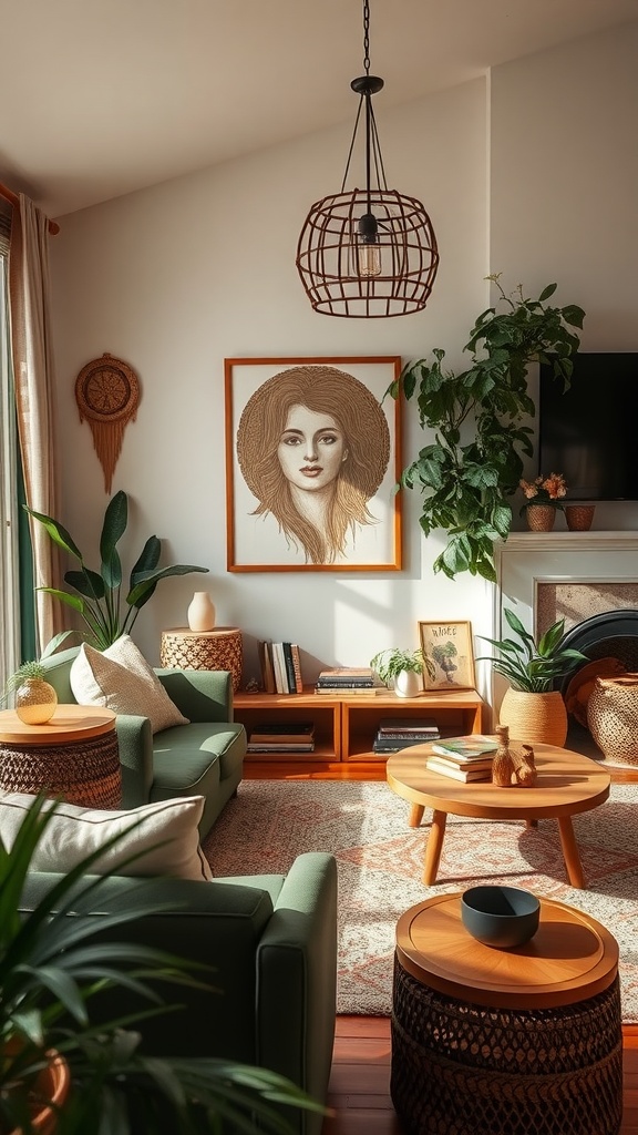 A modern boho living room with earthy colors, plants, and natural materials.