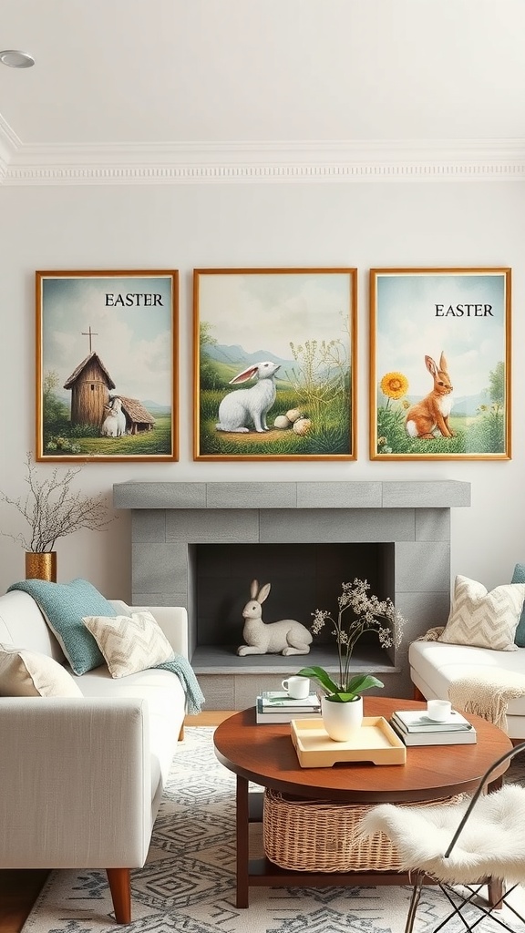 Easter-themed art prints featuring bunnies and a rural landscape above a cozy living room setup