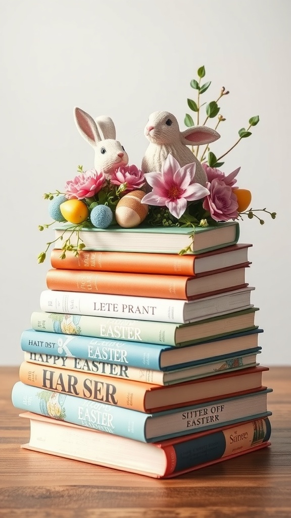 A decorative Easter-themed book stack with plush bunnies, flowers, and colorful eggs on top.