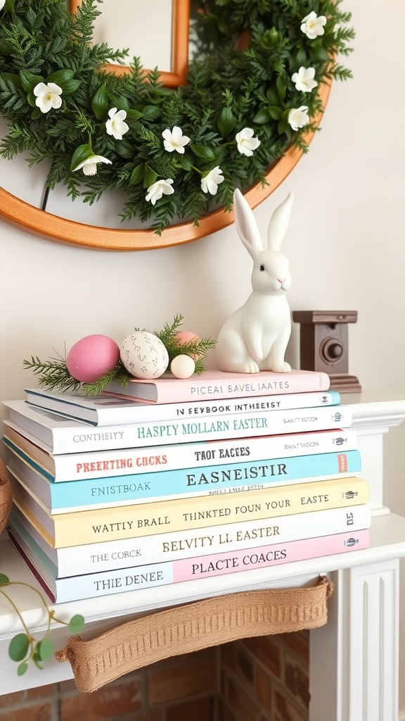 A stack of pastel-colored books with Easter-themed titles, a white bunny figurine, and decorative Easter eggs, set against a green wreath on a mantel.