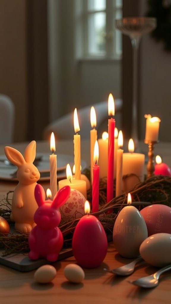 A festive display of Easter-themed candles, featuring bunny-shaped candles and colorful egg decorations.