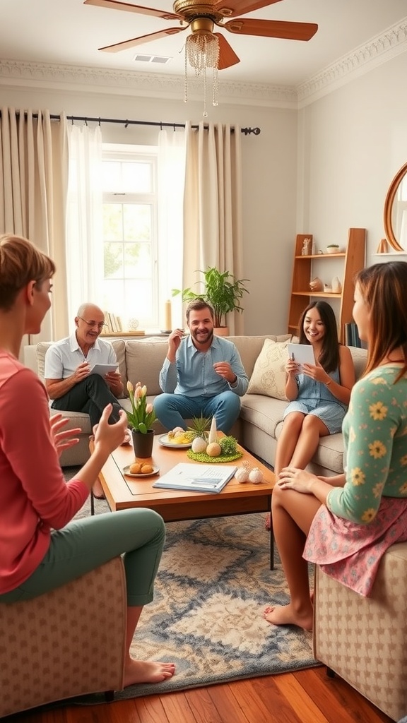 A group of people playing Easter-themed charades in a cozy living room.