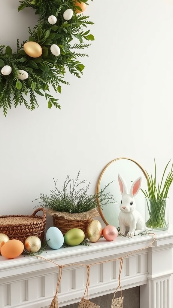 Easter-themed mantel decoration featuring a green wreath with eggs, a bunny figurine, and decorated eggs on a white mantel