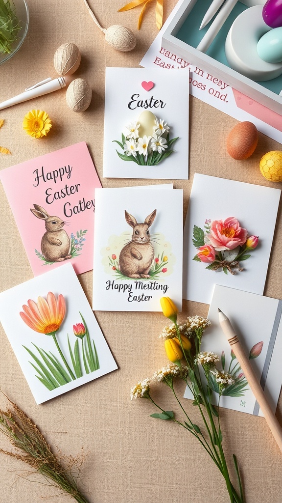 A variety of Easter-themed greeting cards with floral and bunny designs, surrounded by art supplies and decorations.