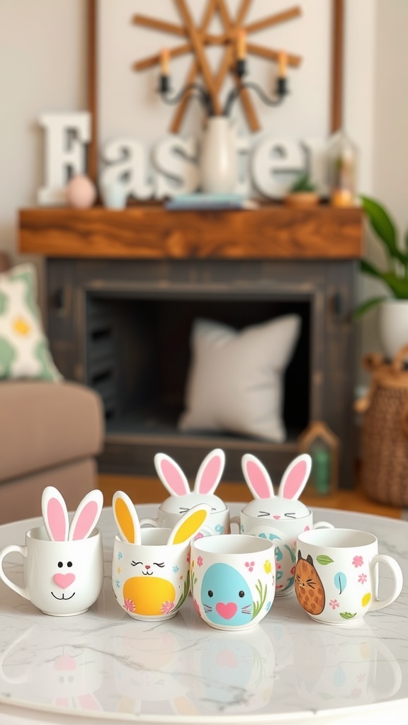 A collection of Easter-themed mugs with bunny designs and colorful patterns