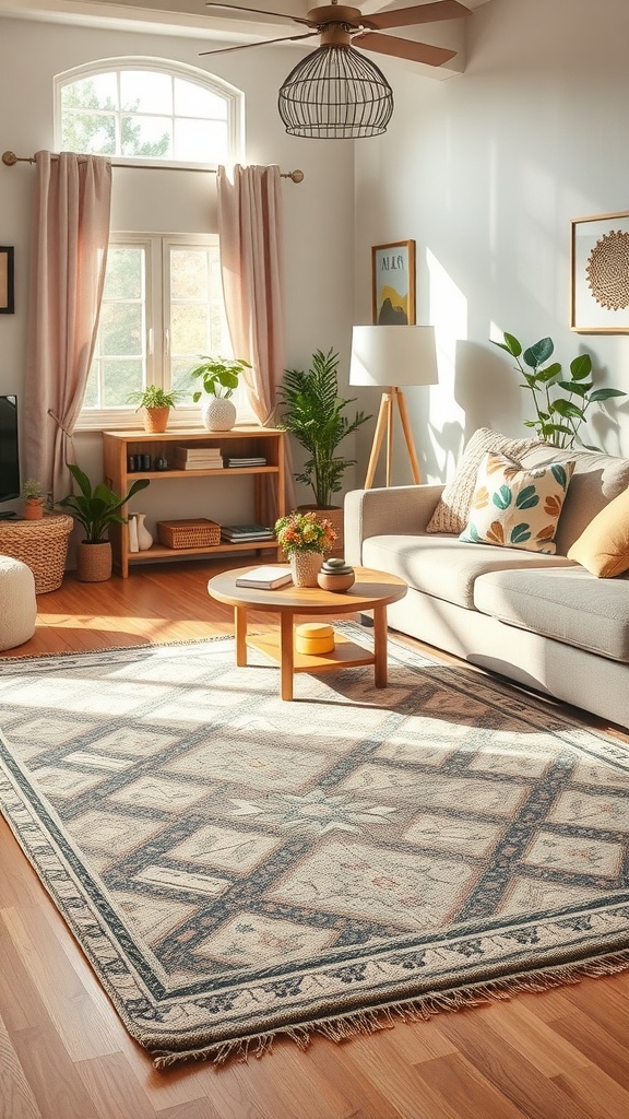 Cozy living room featuring an Easter-themed rug with soft colors and intricate patterns.