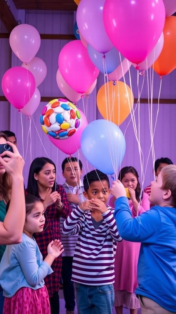 A group of children and adults holding colorful balloons, excited for the Easter Balloon Pop game.