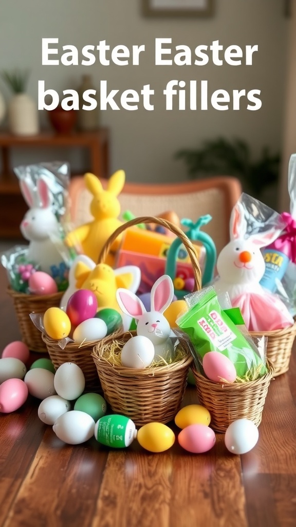 Colorful Easter basket fillers including plastic eggs and bunny figures