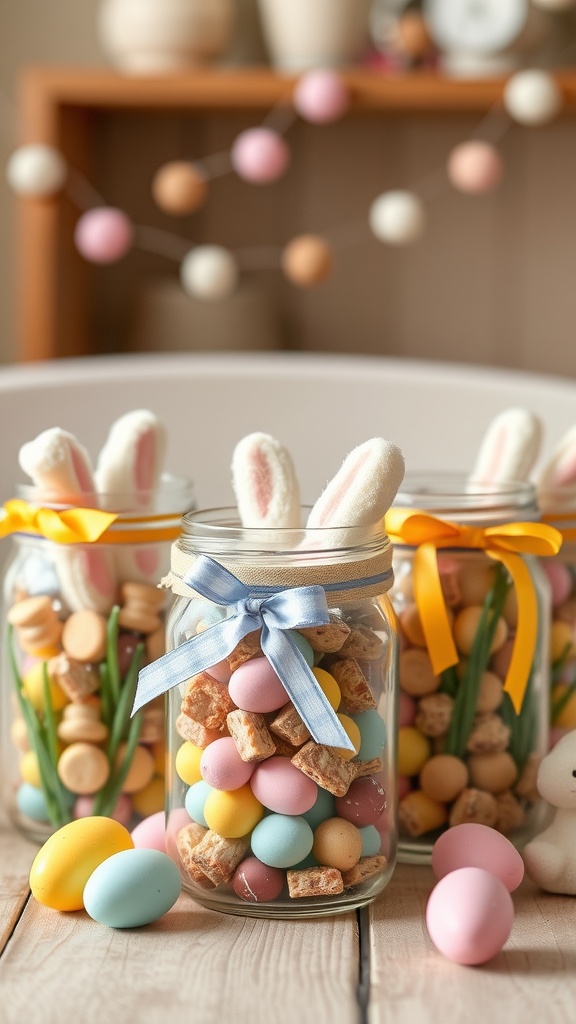 Three decorated jars filled with colorful Easter candies and topped with bunny ears, surrounded by Easter eggs.