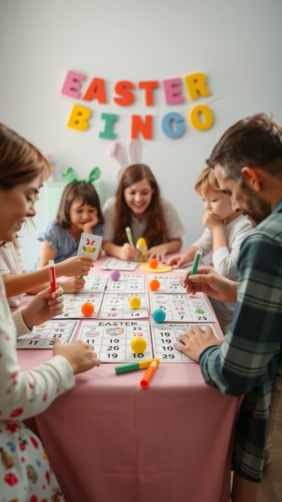 A group of people enjoying Easter Bingo at a festive table with colorful decorations.