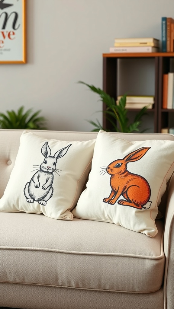 Two Easter-themed pillows with bunny designs on a couch.