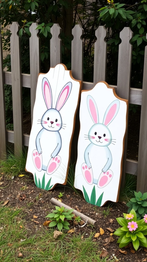 Two wooden Easter bunny signs with cheerful designs, placed next to a fence in a garden.