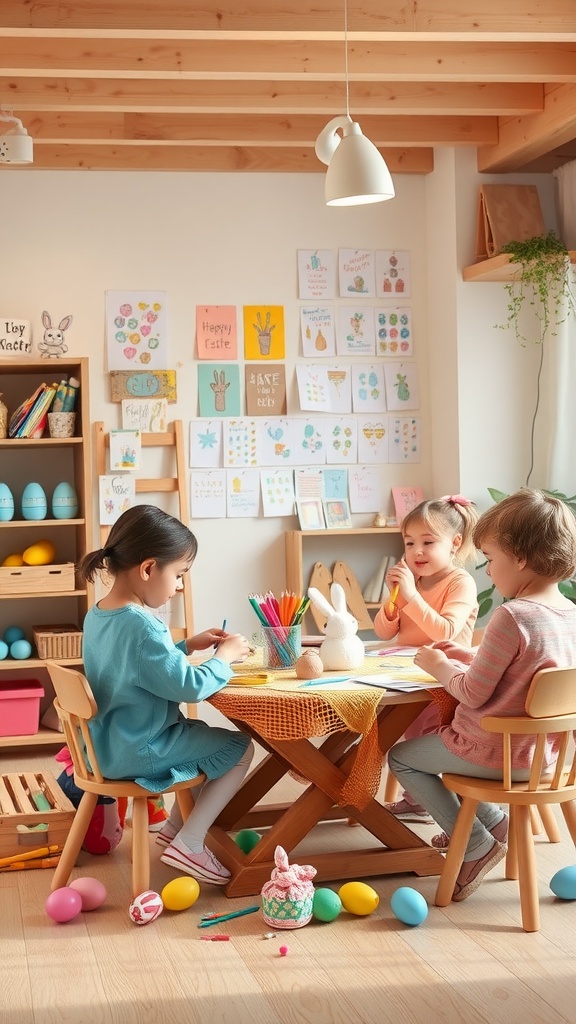 Children engaged in card making at a festive Easter station with colorful supplies