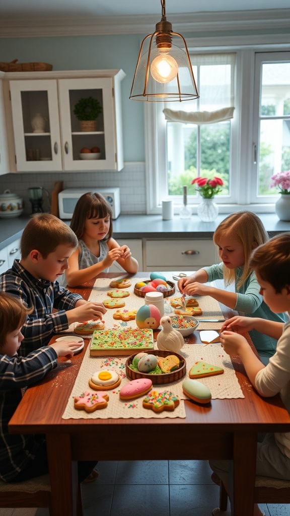 Children decorating Easter cookies at a kitchen table