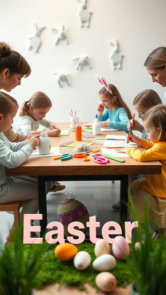 A group of children and adults engaged in an Easter crafts session, with decorations and crafting supplies on the table.