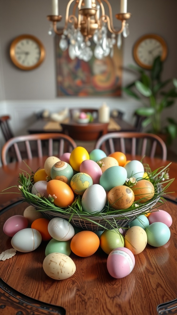 Colorful Easter egg centerpiece in a decorative basket on a wooden table