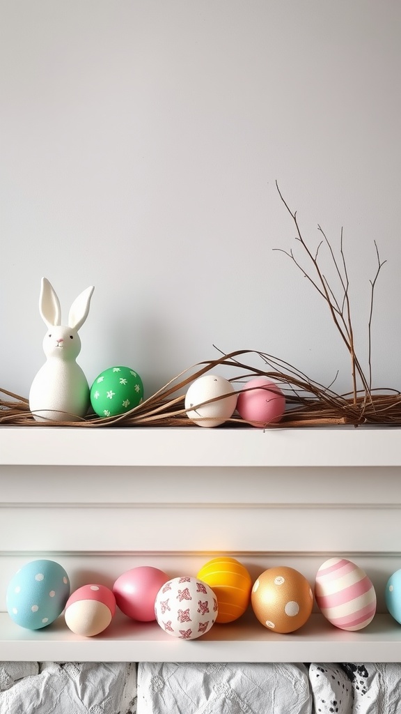 A decorative Easter mantel featuring colorful eggs and a white bunny figurine.